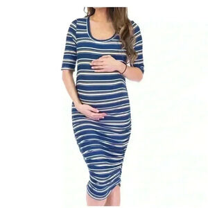 🆕 Mother Bee Maternity Navy Stripe Ruched Dress L🆕